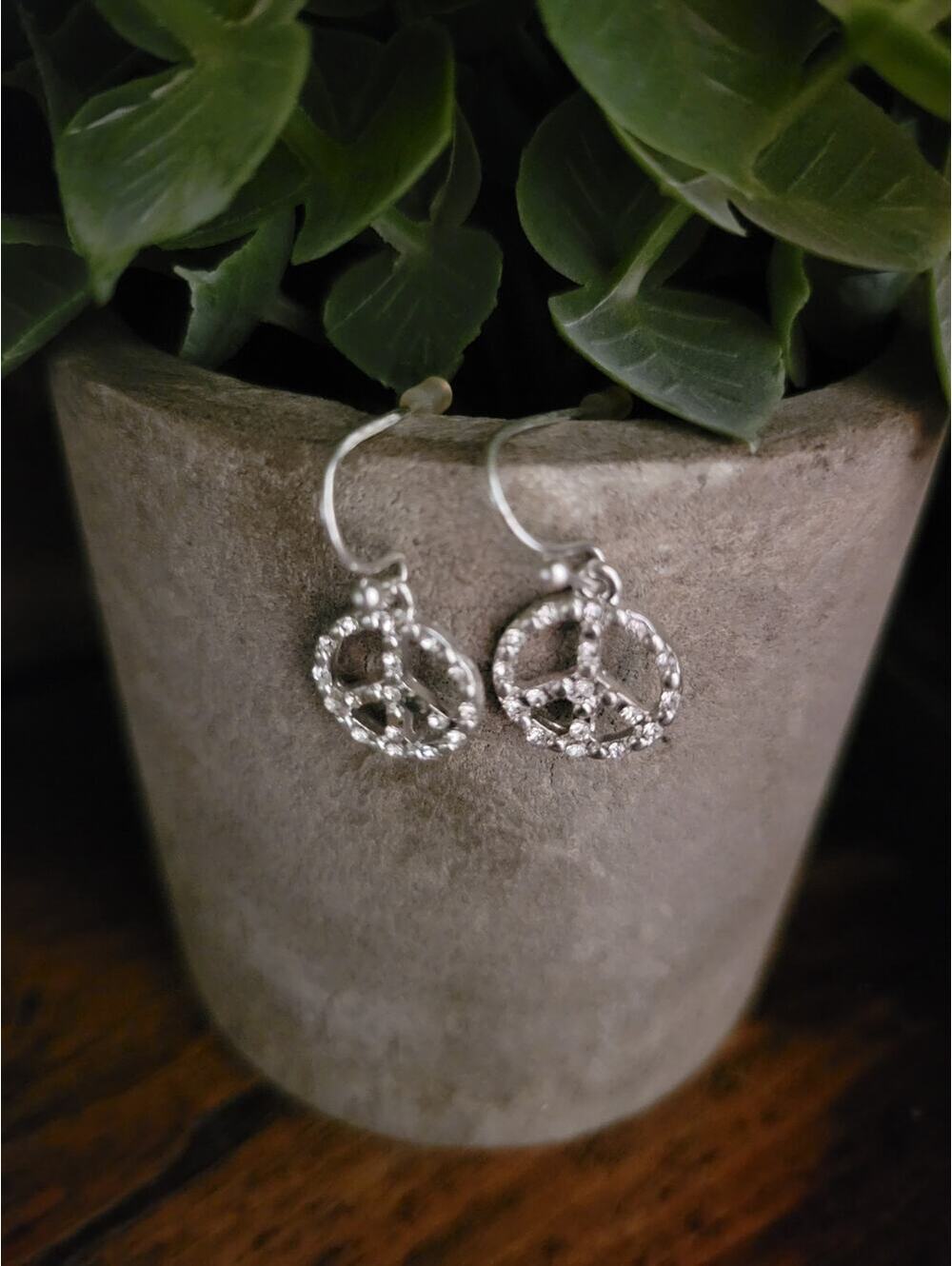 Y2K Hippie Delicate Silver Clear Rhinestone Peace Sign Drop Dangle Earrings